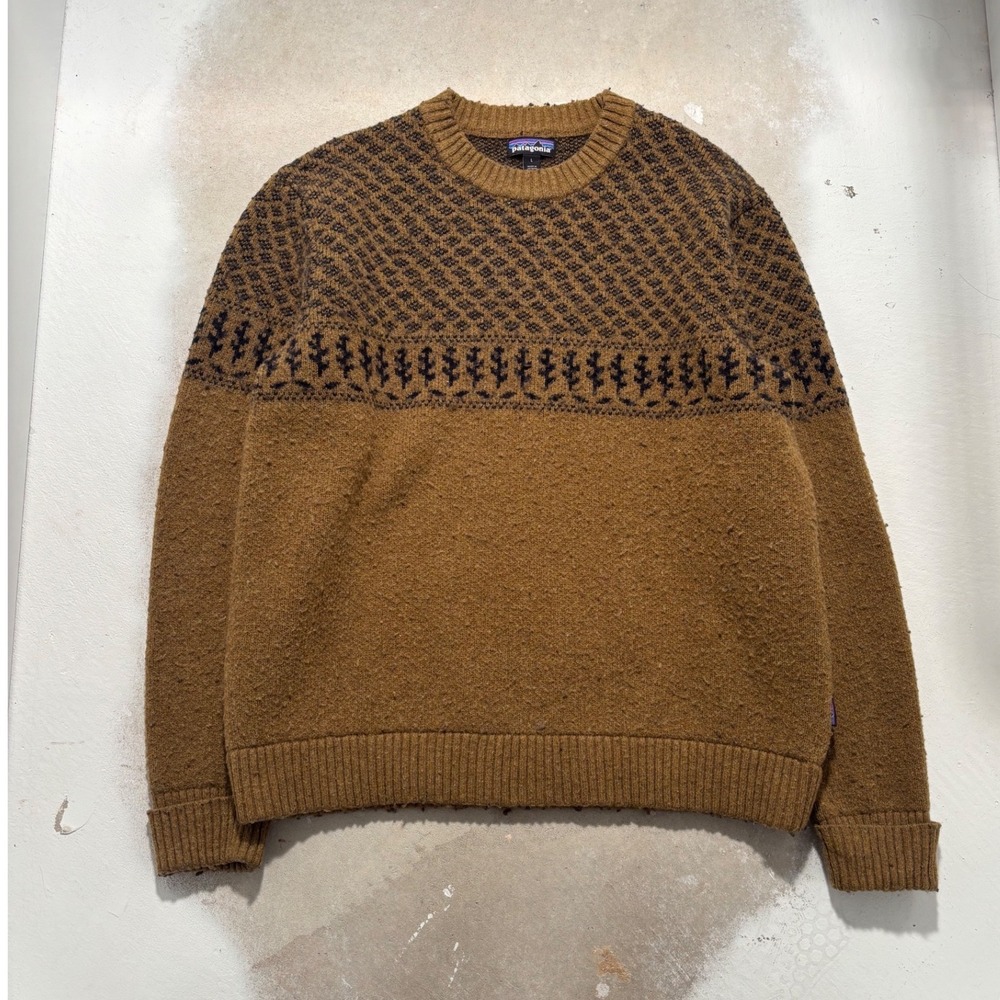 Patagonia Mens Recycled Wool Crewneck Sweater Brown Navy Pattern FA20 L